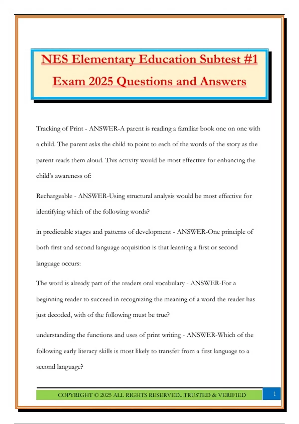 NES Elementary Education Subtest #1 Exam 2025 Questions and Answers ...