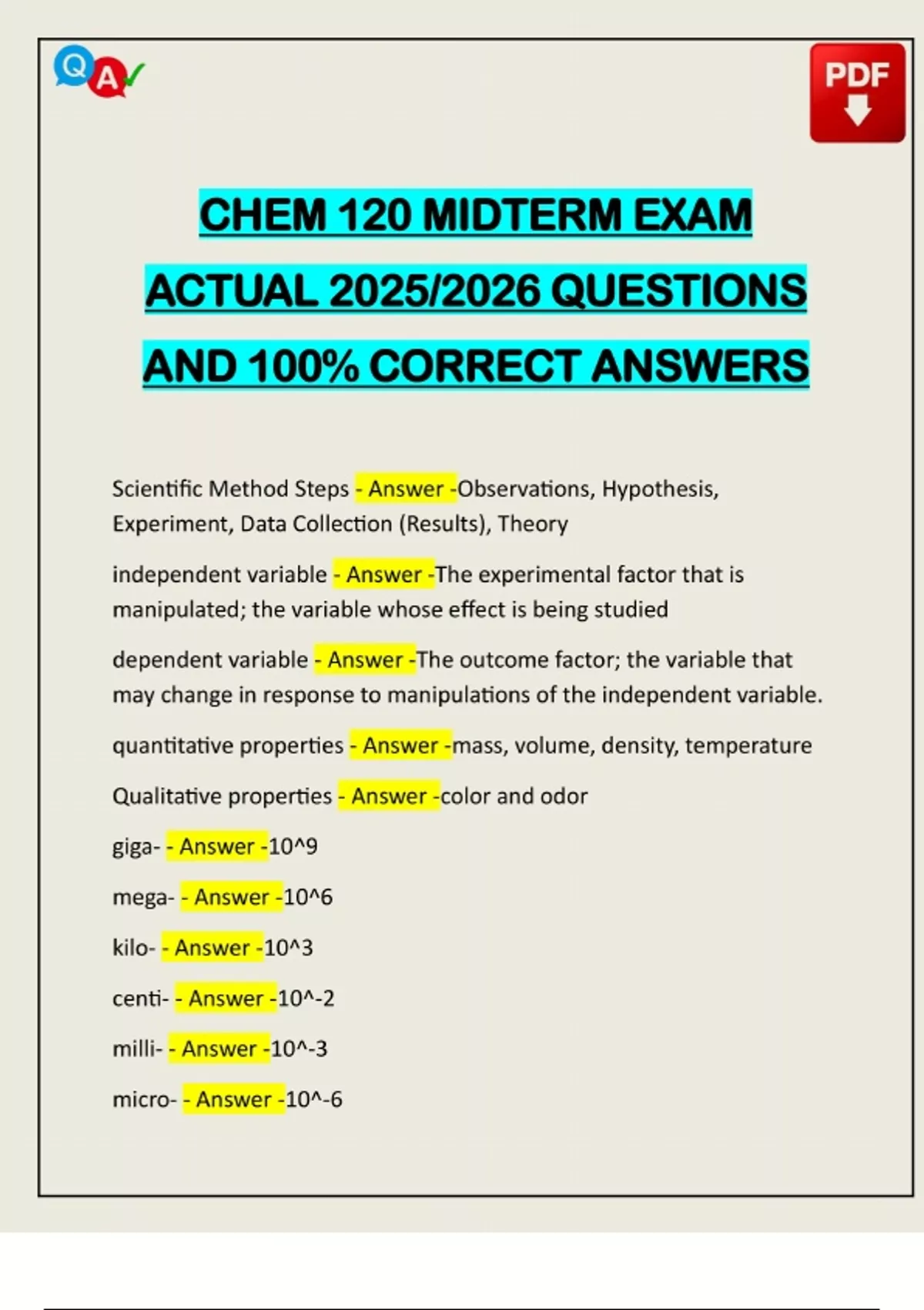 Chem 120 Midterm Exam Actual 2025 2026 Questions And 100 Correct