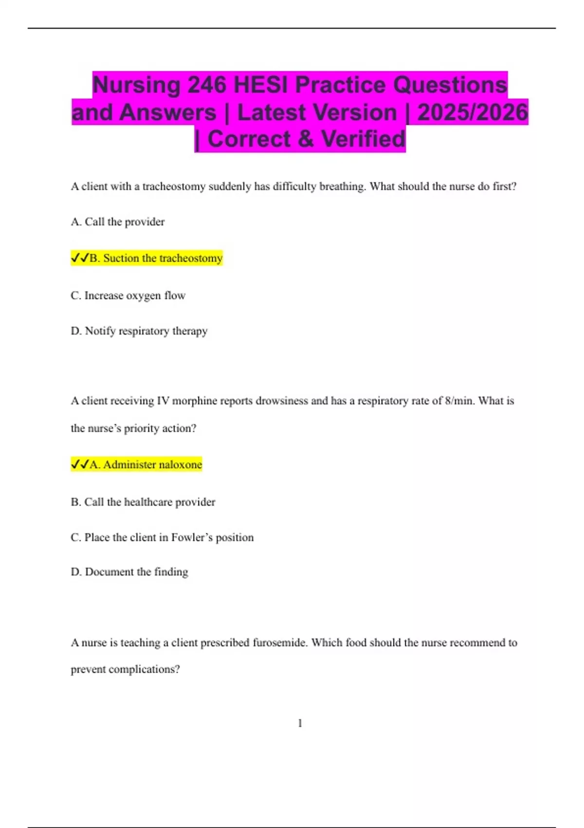 Nursing 246 HESI Practice Questions and Answers | Latest Version | 2025 ...