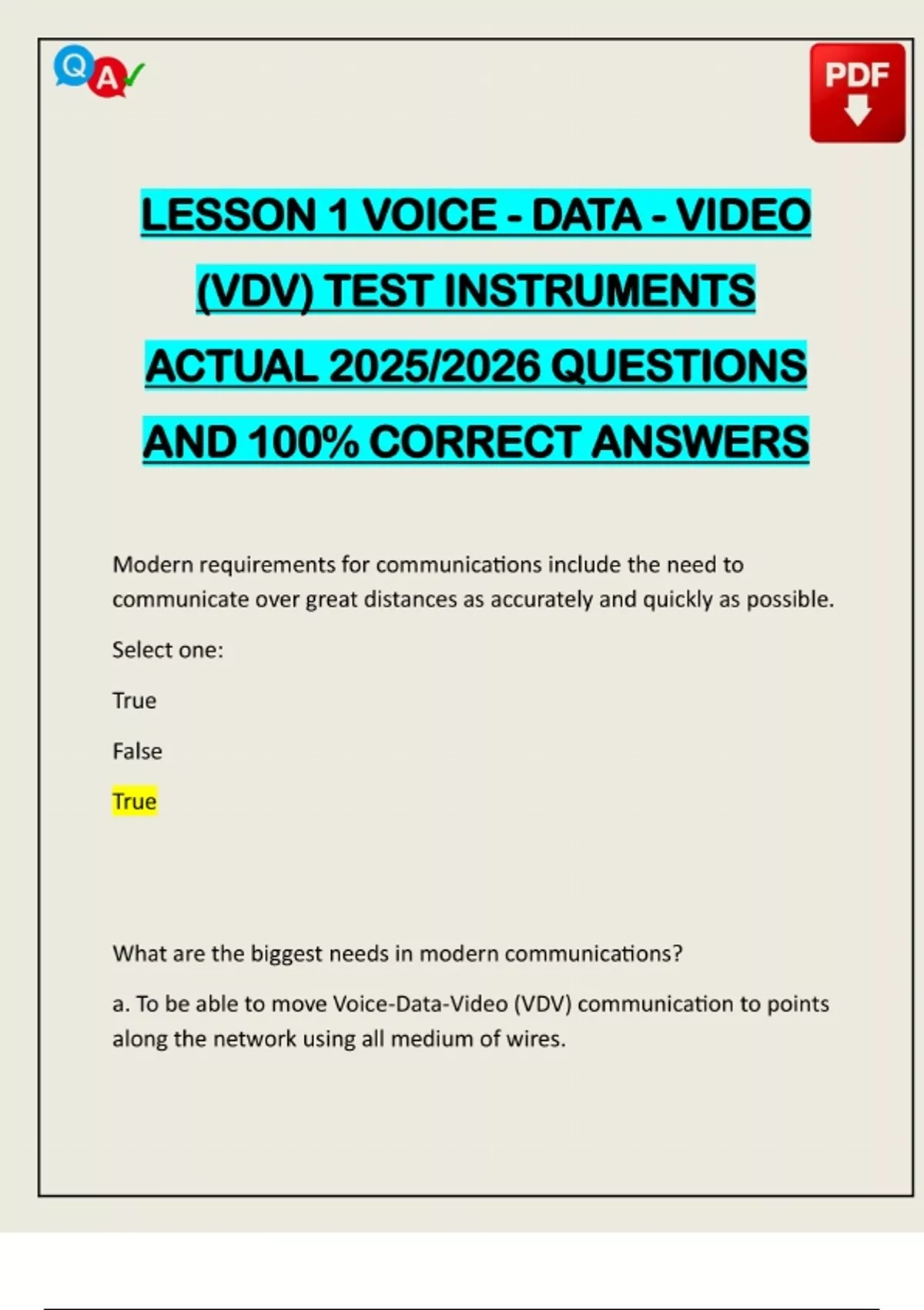 Video Check Instrument LESSON 1 VOICE - DATA - VIDEO (VDV) TEST INSTRUMENTS ACTUAL 2025/2026 ...