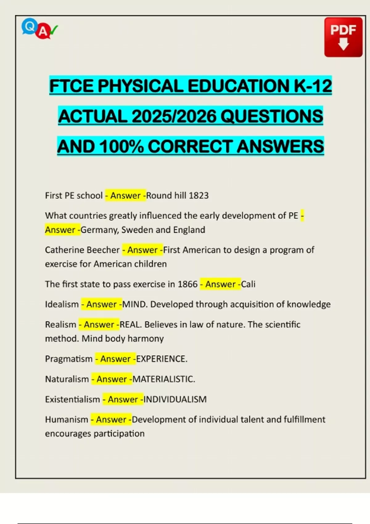 FTCE PHYSICAL EDUCATION K-12 ACTUAL 2025/2026 QUESTIONS AND 100% ...