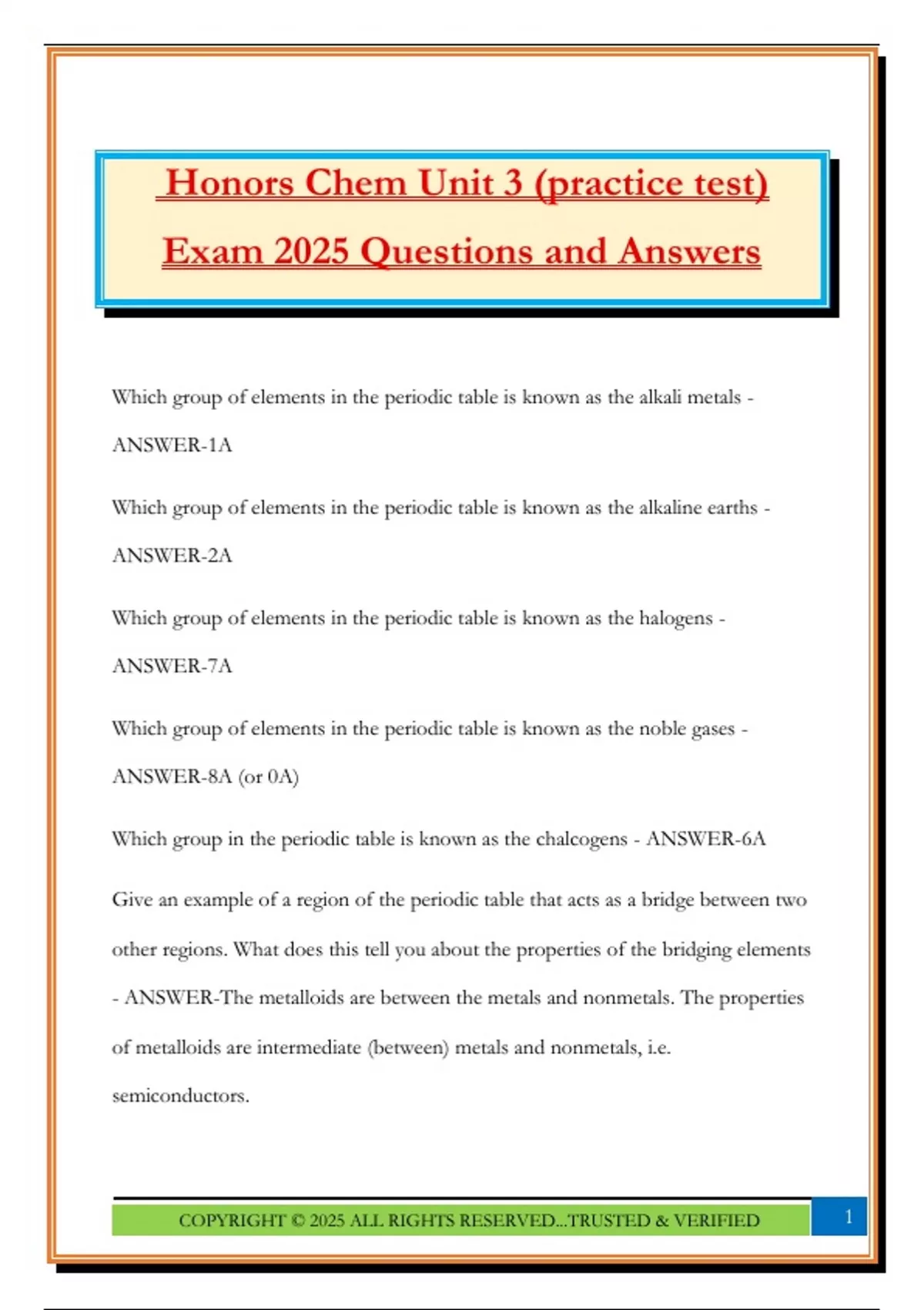 Honors Chem Unit 3 (practice test) Exam 2025 Questions and Answers ...