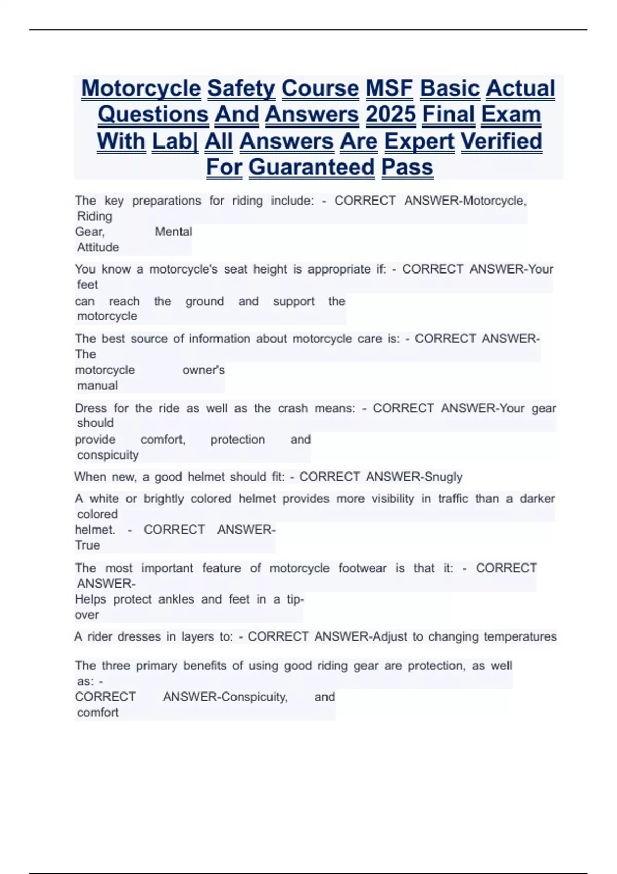 Msf Course Test Motorcycle Safety Course MSF Basic Actual Questions And Answers 2025 ...