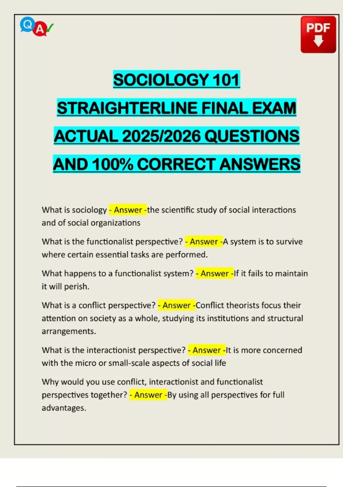 SOCIOLOGY 101 STRAIGHTERLINE FINAL EXAM ACTUAL 2025/2026 QUESTIONS AND ...