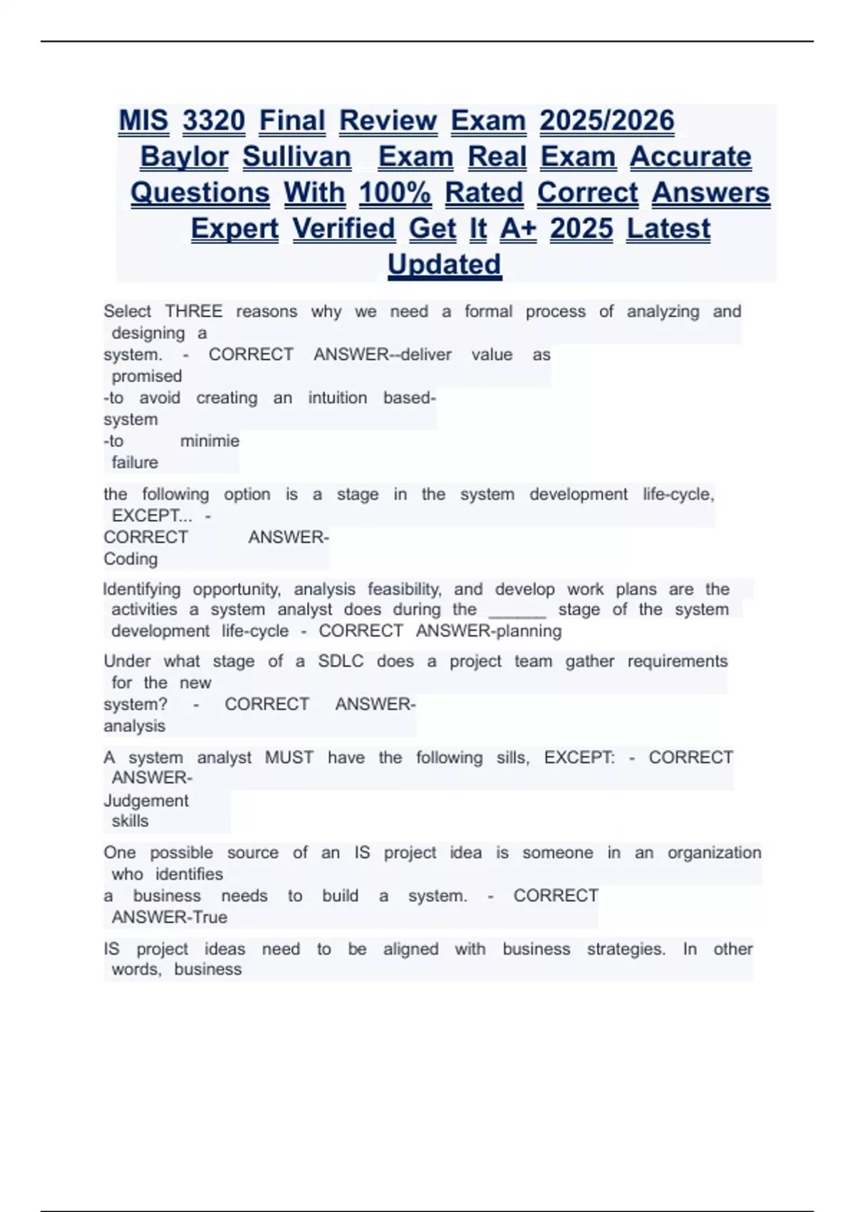 MIS 3320 Final Review Exam 2025/2026 Baylor Sullivan Exam Real Exam ...