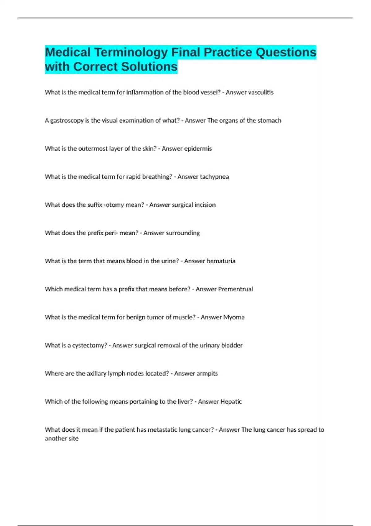 Medical Terminology Final Practice Questions with Correct Solutions ...