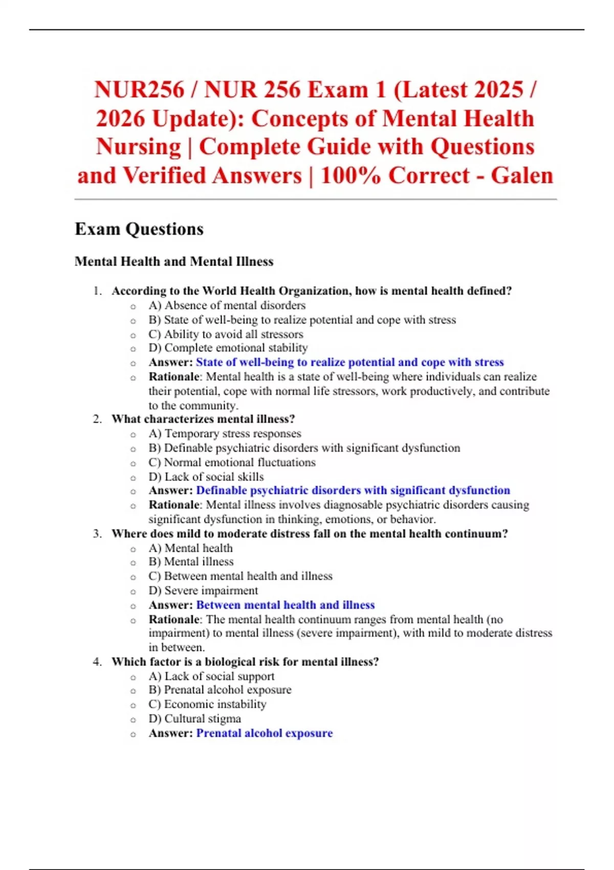 NUR256 / NUR 256 Exam 1 (Latest 2025 / 2026 Update): Concepts of Mental ...