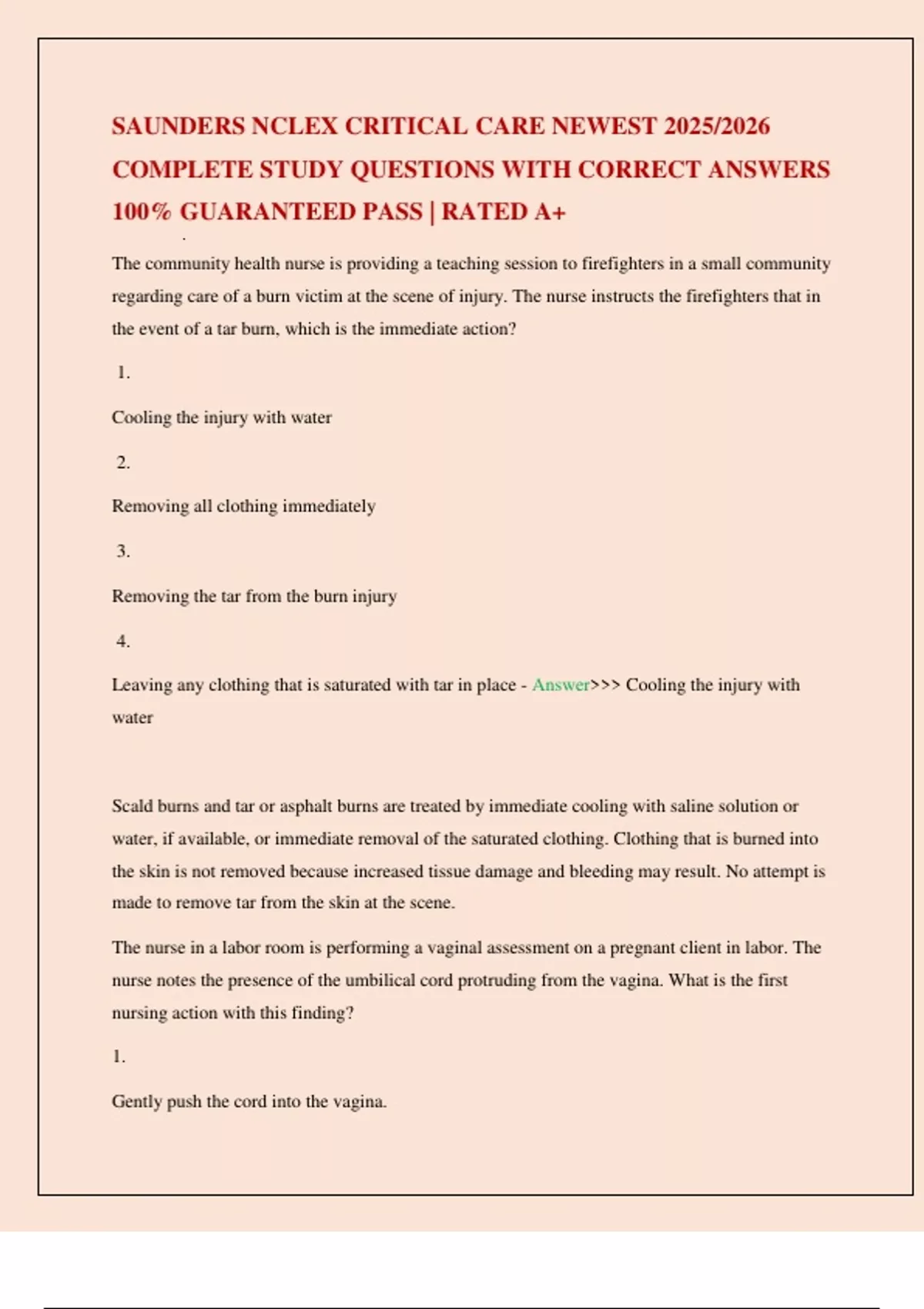 SAUNDERS NCLEX CRITICAL CARE NEWEST 2025/2026 COMPLETE STUDY QUESTIONS ...