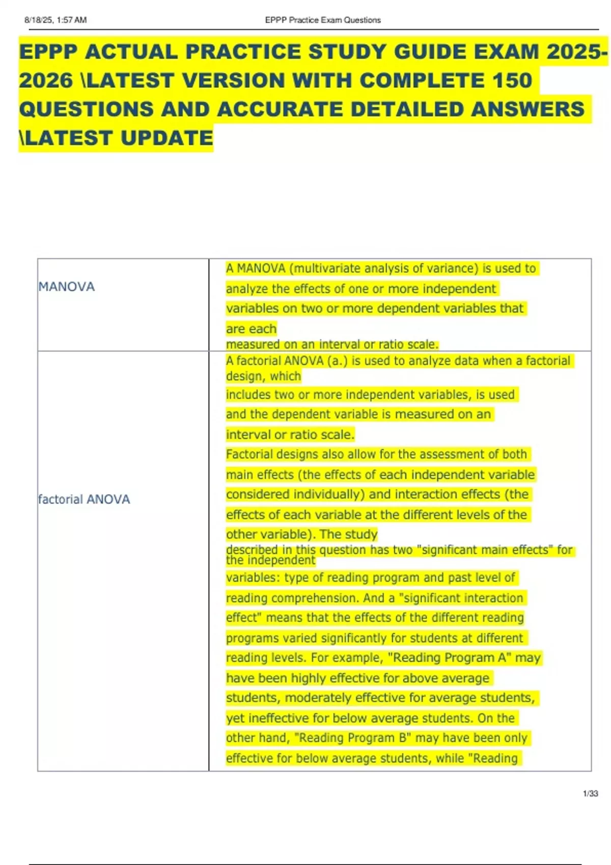 EPPP ACTUAL PRACTICE STUDY GUIDE EXAM LATEST VERSION WITH COMPLETE 150 ...