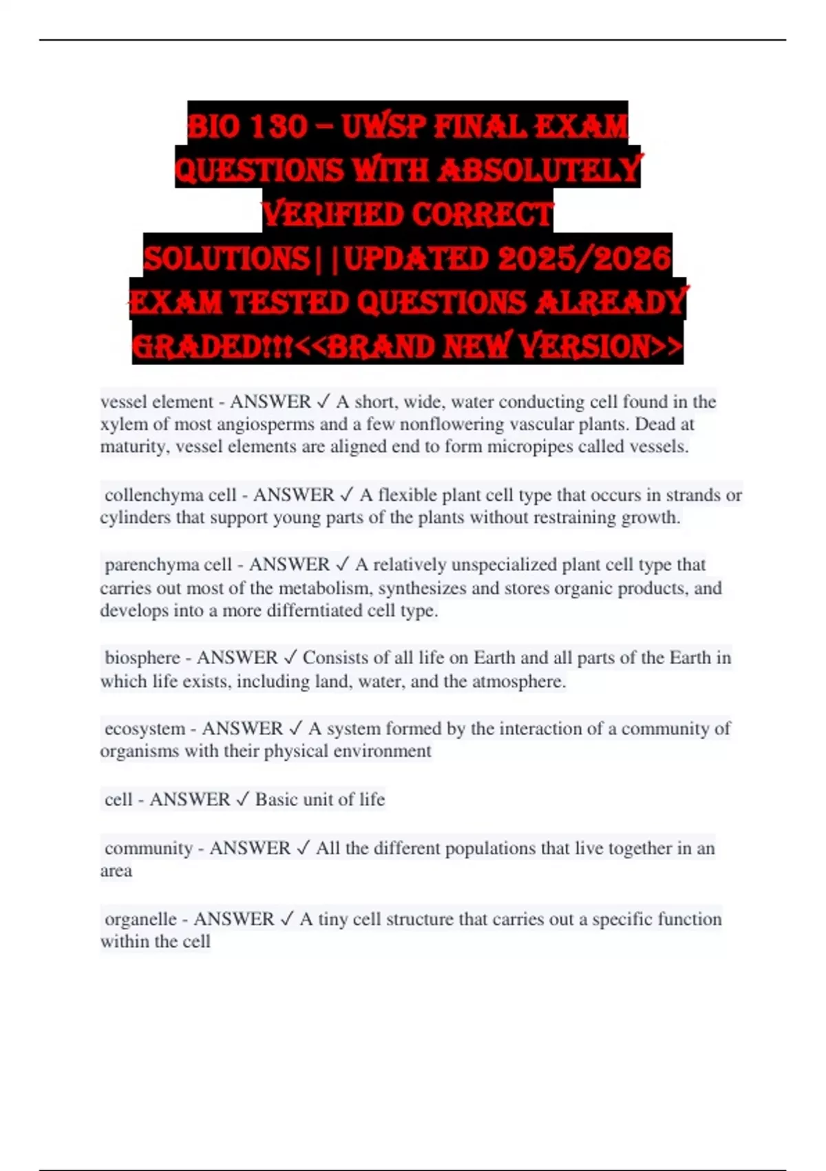 BIO 130 – UWSP Final Exam Questions with Absolutely Verified Correct ...
