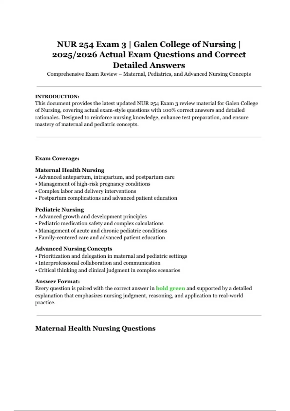 NUR 254 Exam 3 – Galen College of Nursing | 2025/2026 Actual Exam ...