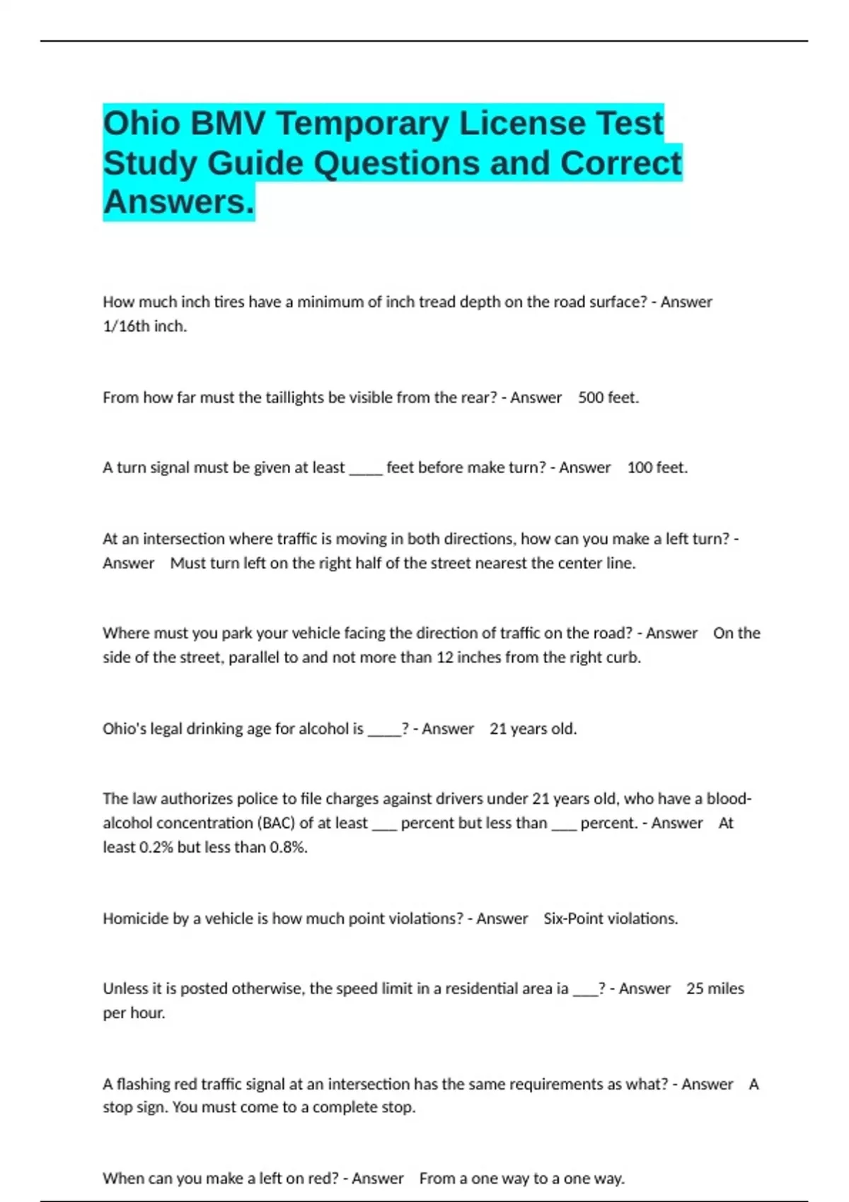 Ohio BMV Temporary License Test Study Guide Questions and Correct ...