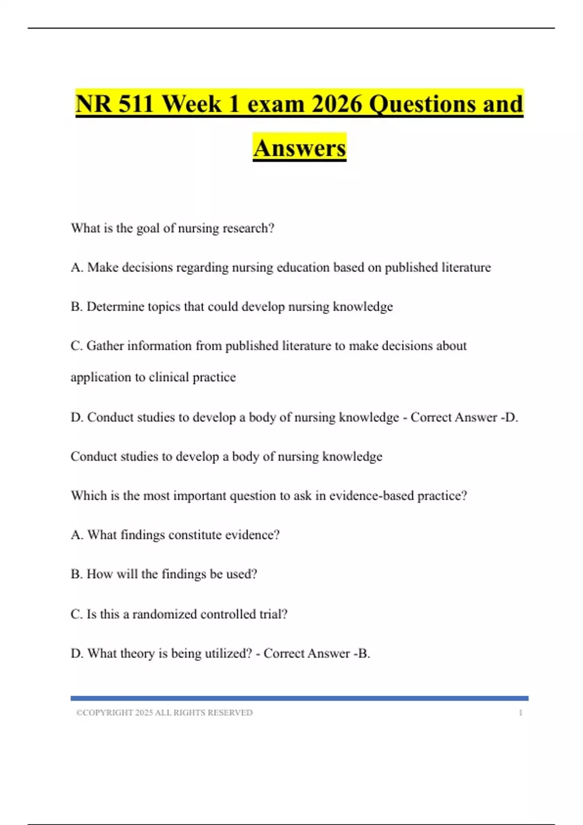 MIDTERM NR 511 Exam 2026 Questions and Answers - NR 511 - Stuvia US