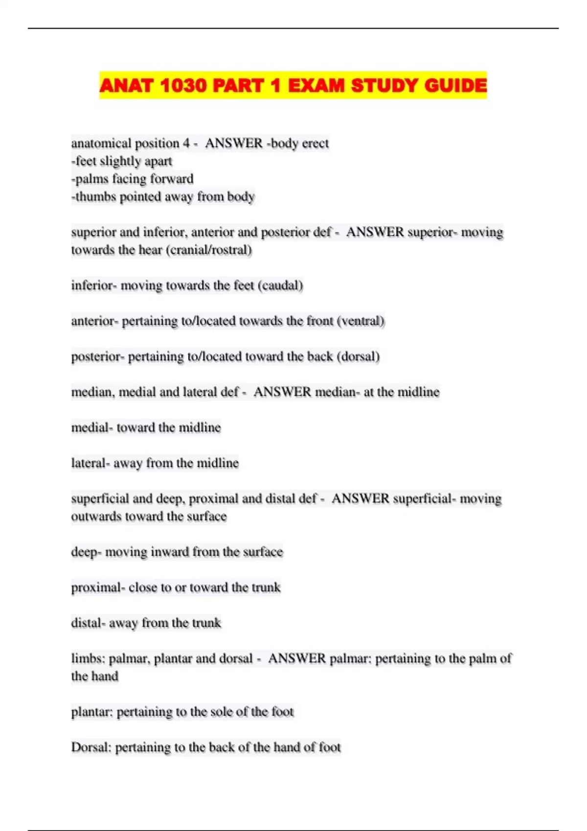 Anat Math ANAT 1030 PART 1 EXAM STUDY GUIDE - ANAT 1030 - Stuvia US