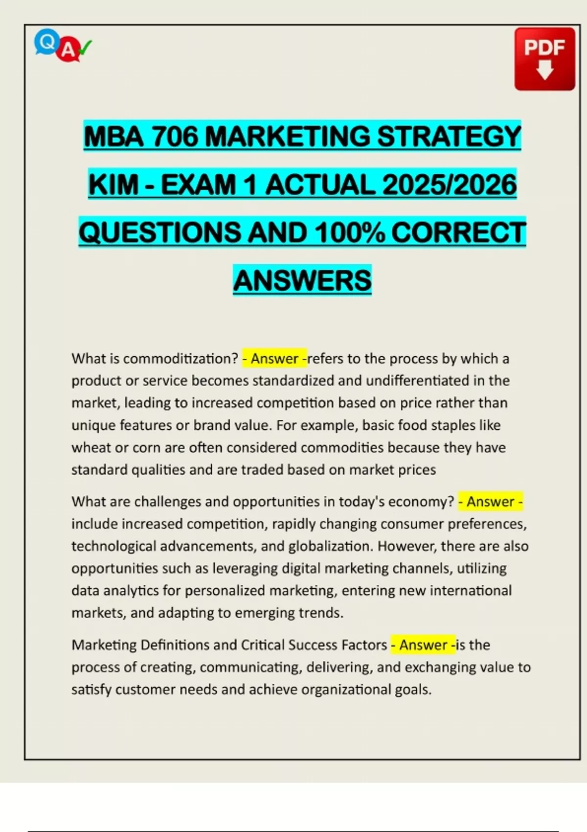 MBA 706 MARKETING STRATEGY KIM - EXAM 1 ACTUAL 2025/2026 QUESTIONS AND ...