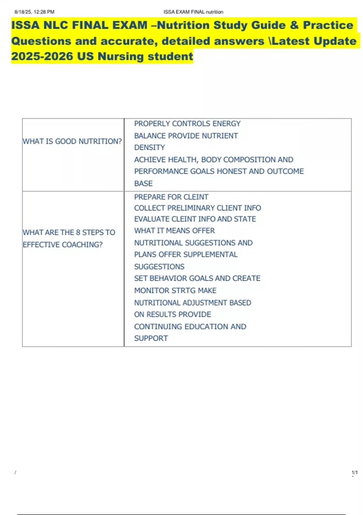 ISSA NLC FINAL EXAM –Nutrition Study Guide &amp; Practice Questions and accurate, detailed answers ...