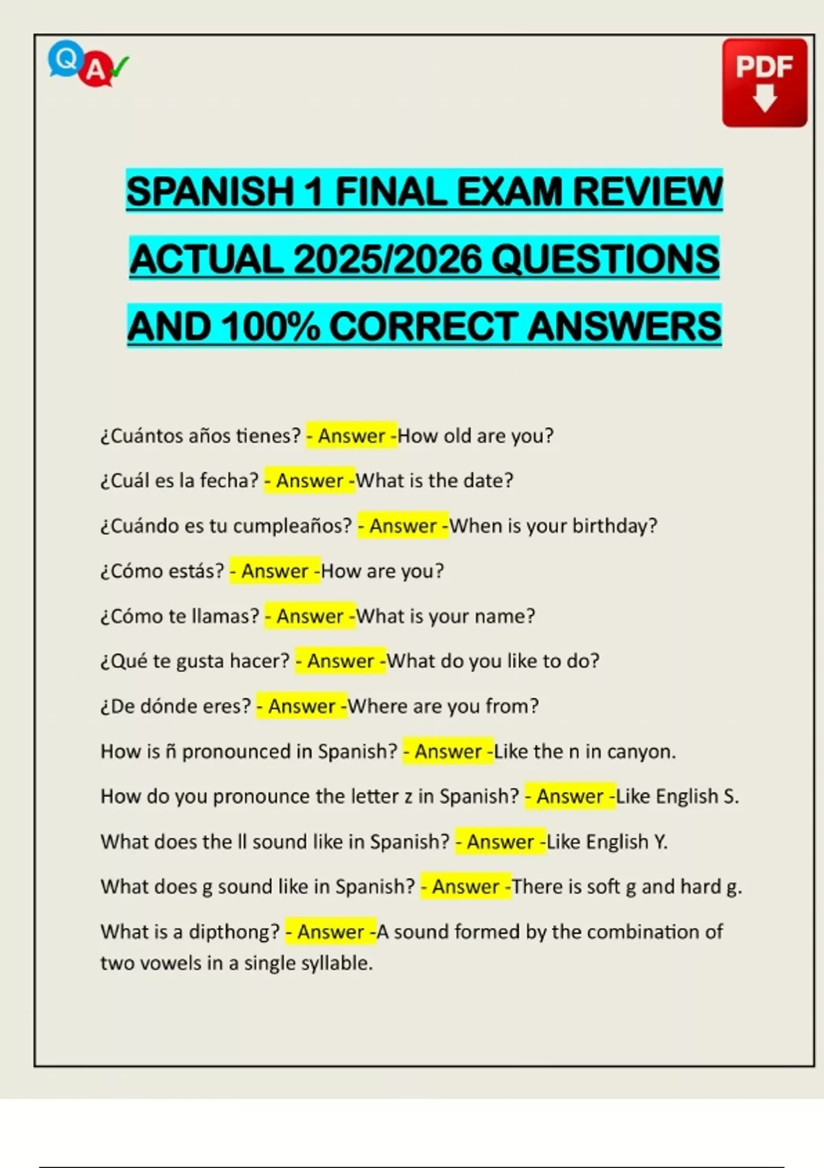 SPANISH 1 FINAL EXAM REVIEW ACTUAL 2025/2026 QUESTIONS AND 100% CORRECT ...