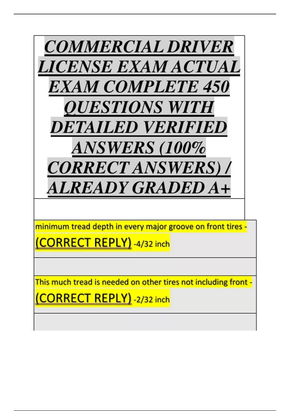 Image result for COMMERCIAL DRIVER LICENSE EXAM ACTUAL EXAM COMPLETE 450 QUESTIONS WITH DETAILED VERIFIED ANSWERS ...