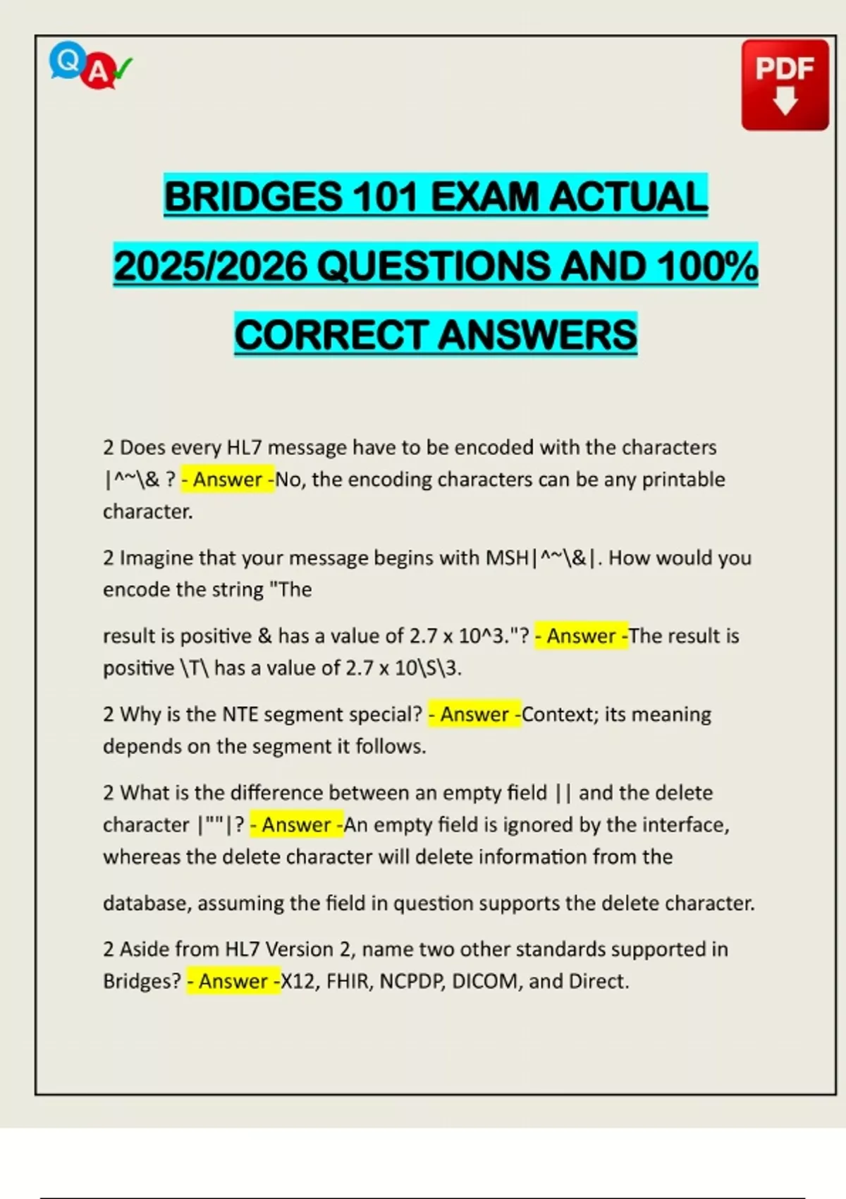 Bridge Example Question Exam BRIDGES 101 EXAM ACTUAL 2025/2026 QUESTIONS AND 100% CORRECT ANSWERS ...