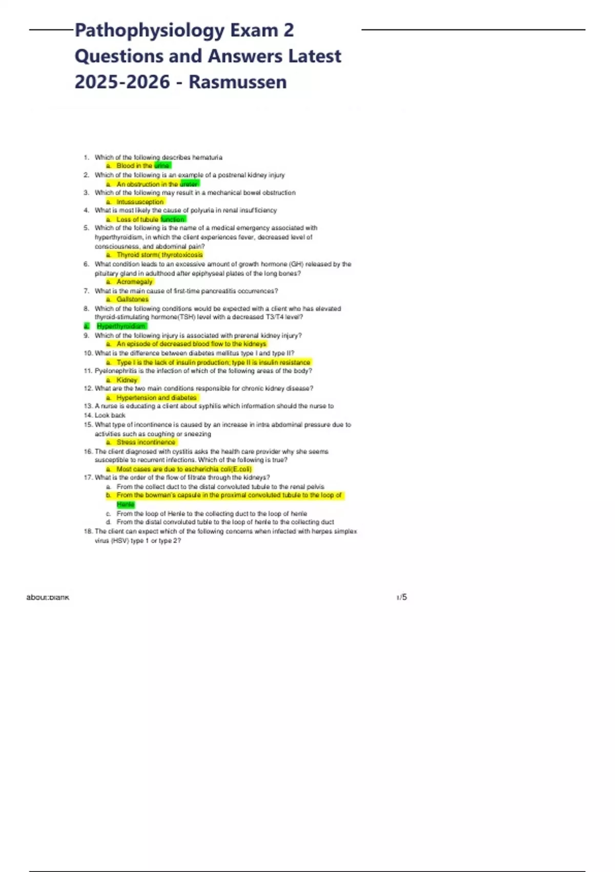 Pathophysiology Exam 2 Questions and Answers Latest - Rasmussen ...