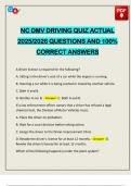 NC DMV DRIVING QUIZ ACTUAL 2025&sol;2026 QUESTIONS AND 100&percnt; CORRECT ANSWERS