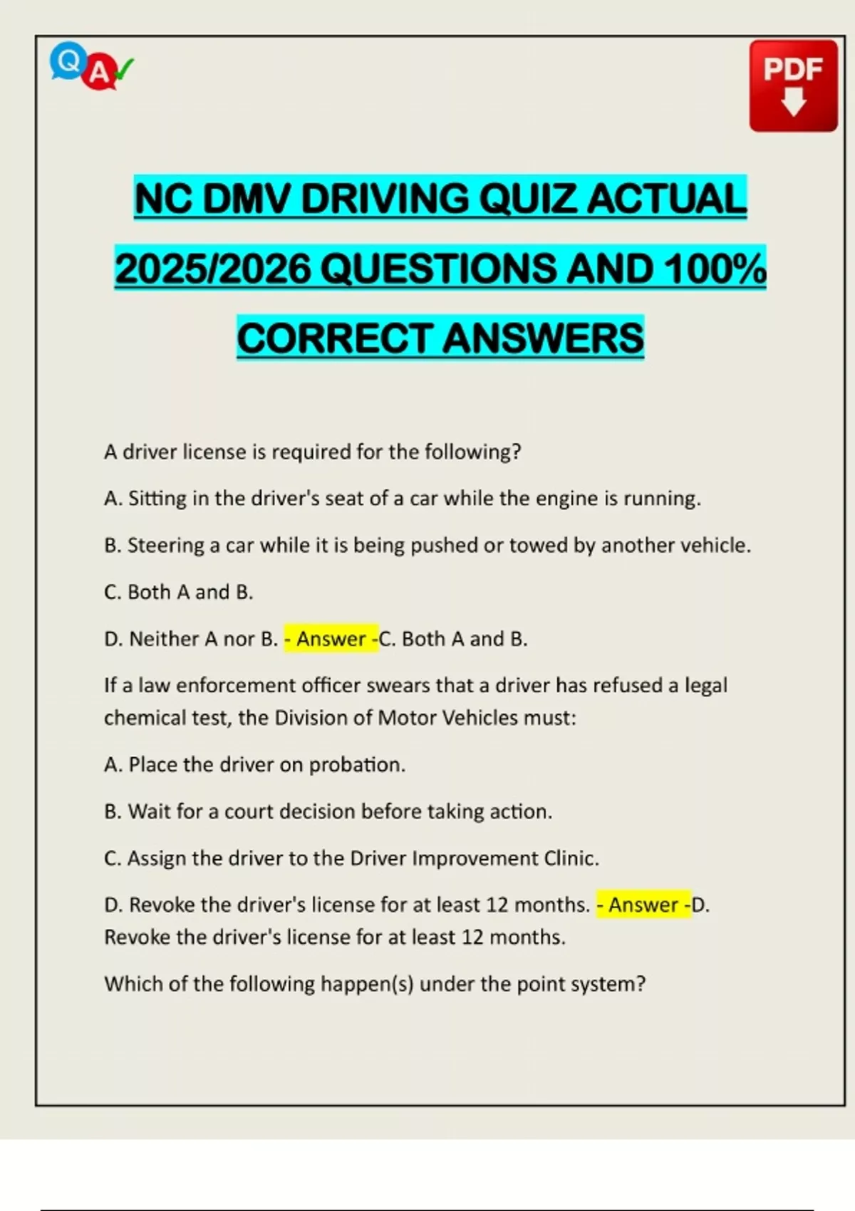 Real Dmv Questions NC DMV DRIVING QUIZ ACTUAL 2025/2026 QUESTIONS AND 100% CORRECT ANSWERS ...