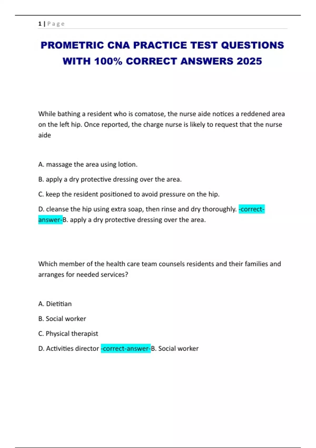 Prometric Questions PROMETRIC CNA PRACTICE TEST QUESTIONS WITH 100% CORRECT ANSWERS 2025 ...