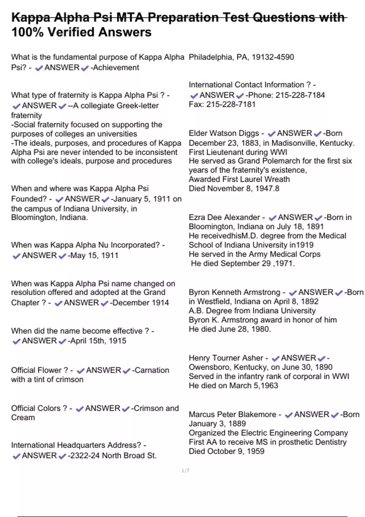 Kappa Alpha Psi MTA Preparation Test Questions with 100% Verified ...