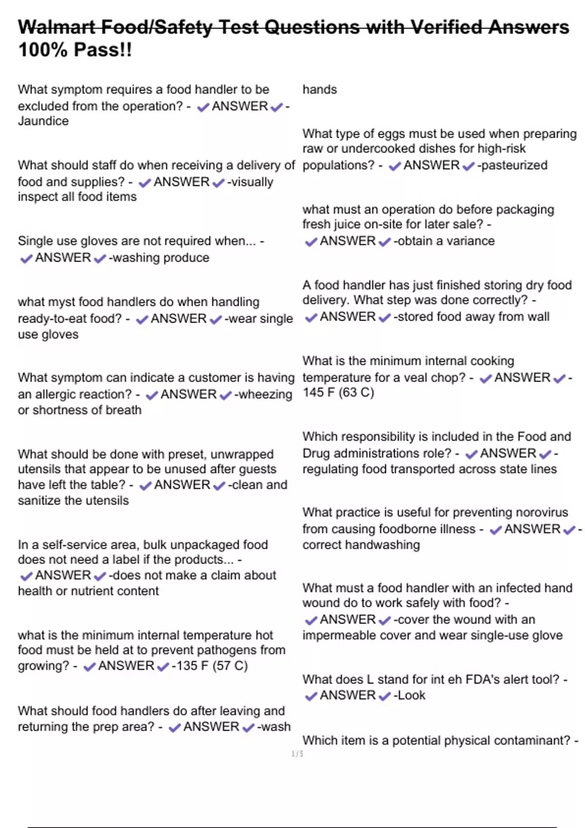 Walmart Food/Safety Test Questions with Verified Answers 100% Pass ...