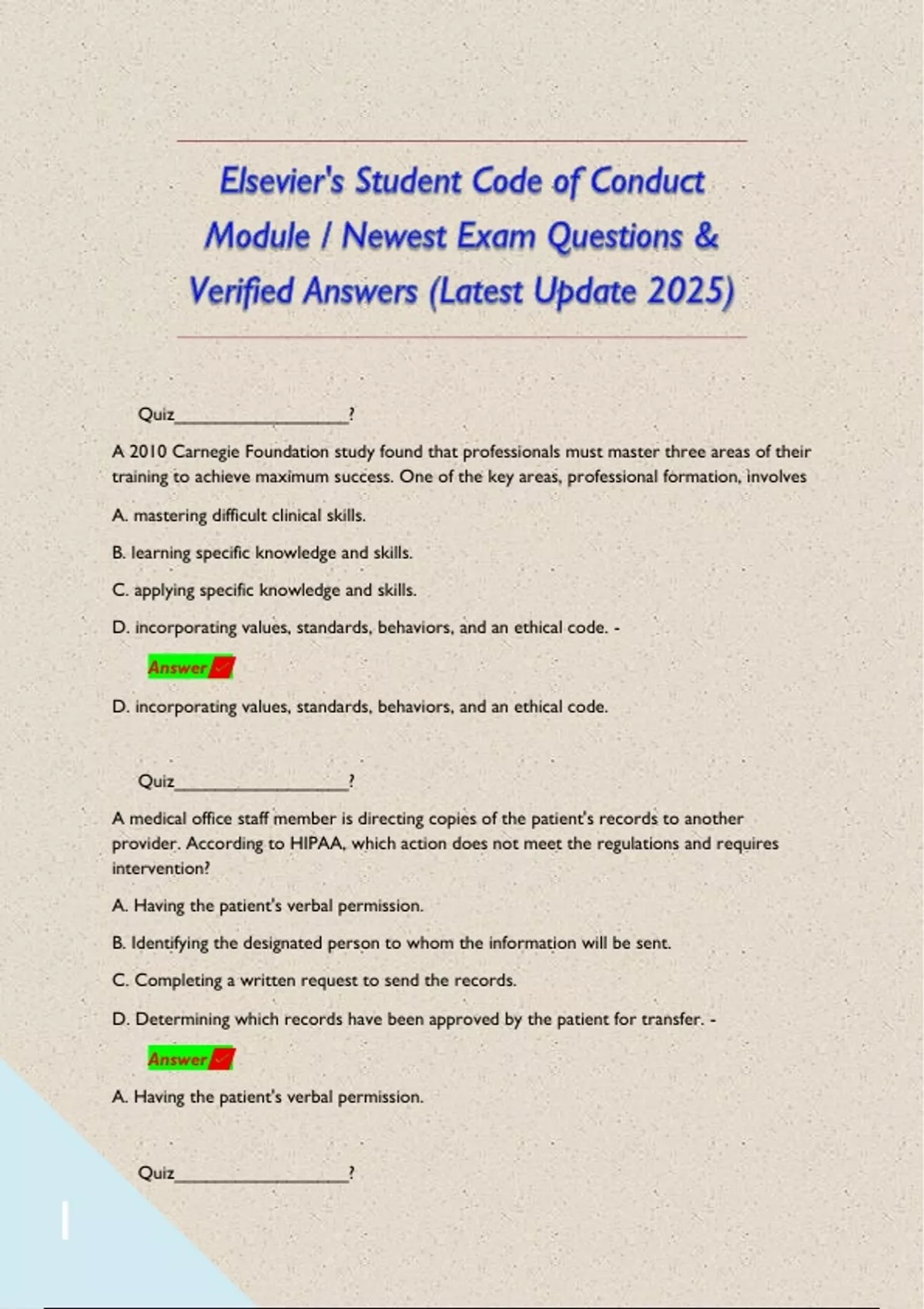 Elsevier's Student Code of Conduct Module / Newest Exam Questions ...