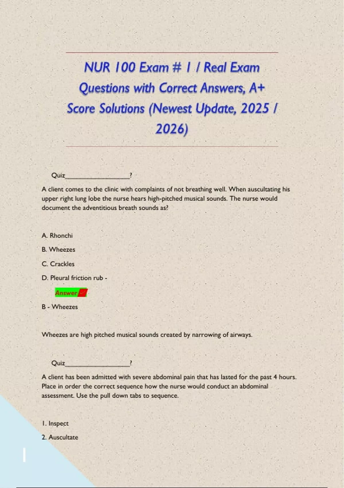 NUR 100 Exam # 1 / Real Exam Questions with Correct Answers, A+ Score ...