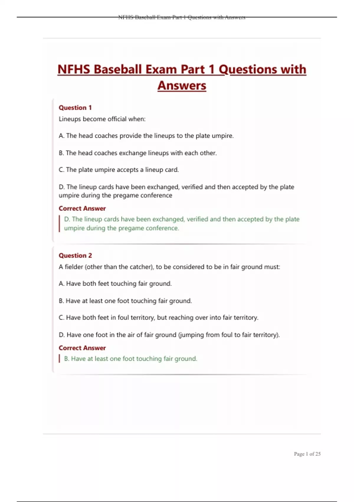 NFHS Baseball Exam Part 1 Questions with Answers. - NFHS - Stuvia US