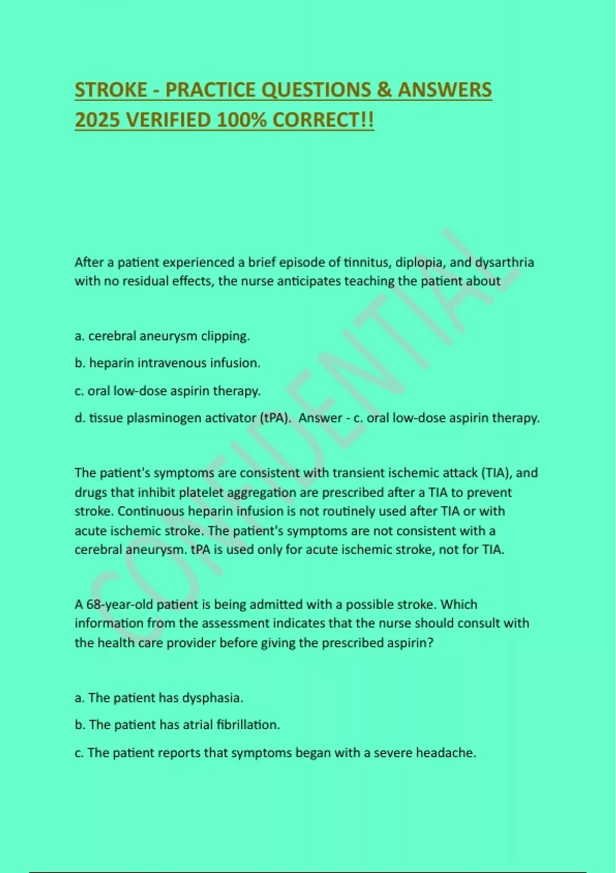 STROKE - PRACTICE QUESTIONS & ANSWERS 2025 VERIFIED 100% CORRECT ...