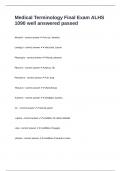 Medical Terminology Final Exam ALHS 1090 well answered passed