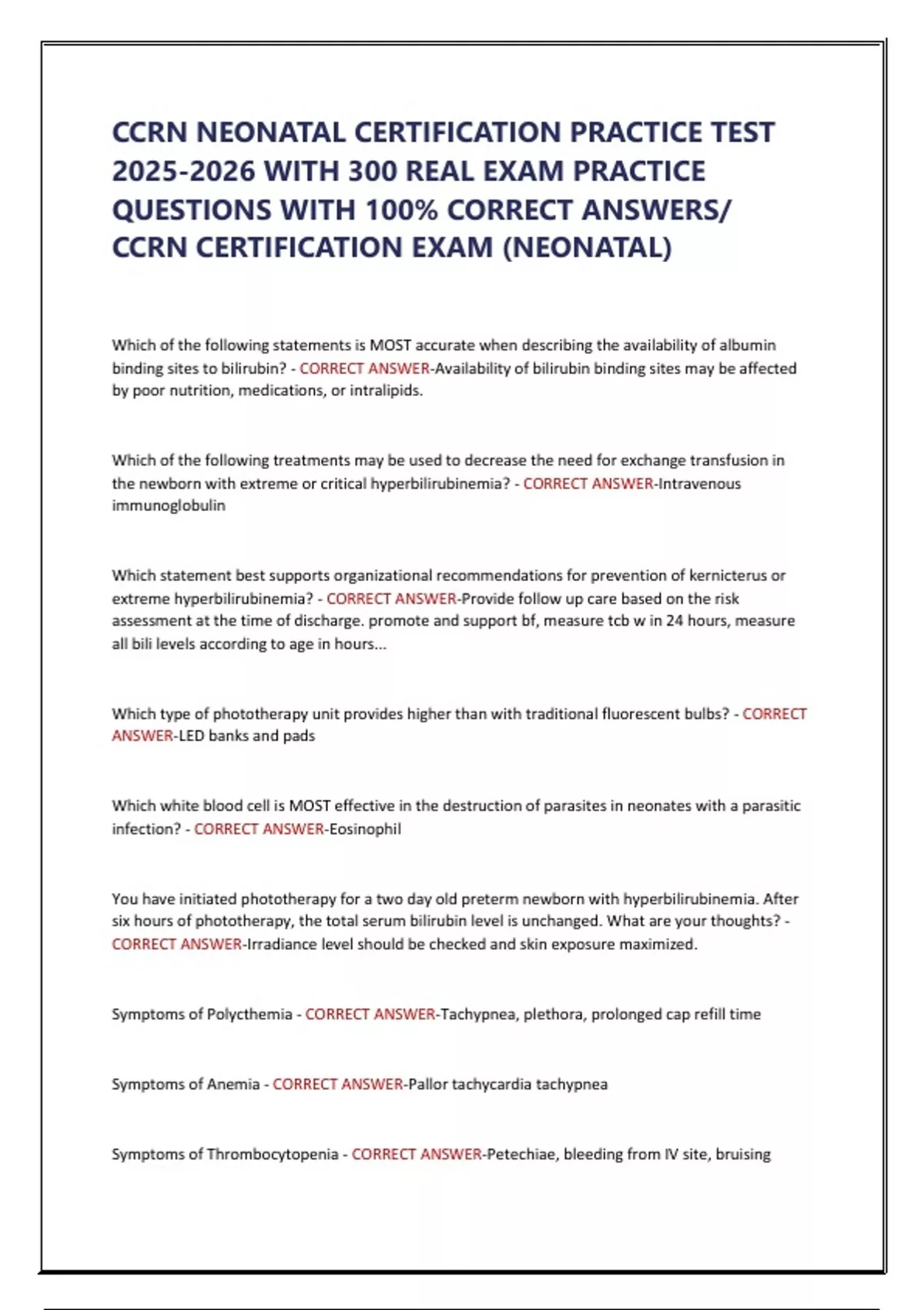 CCRN NEONATAL CERTIFICATION PRACTICE TEST WITH 300 REAL EXAM PRACTICE ...