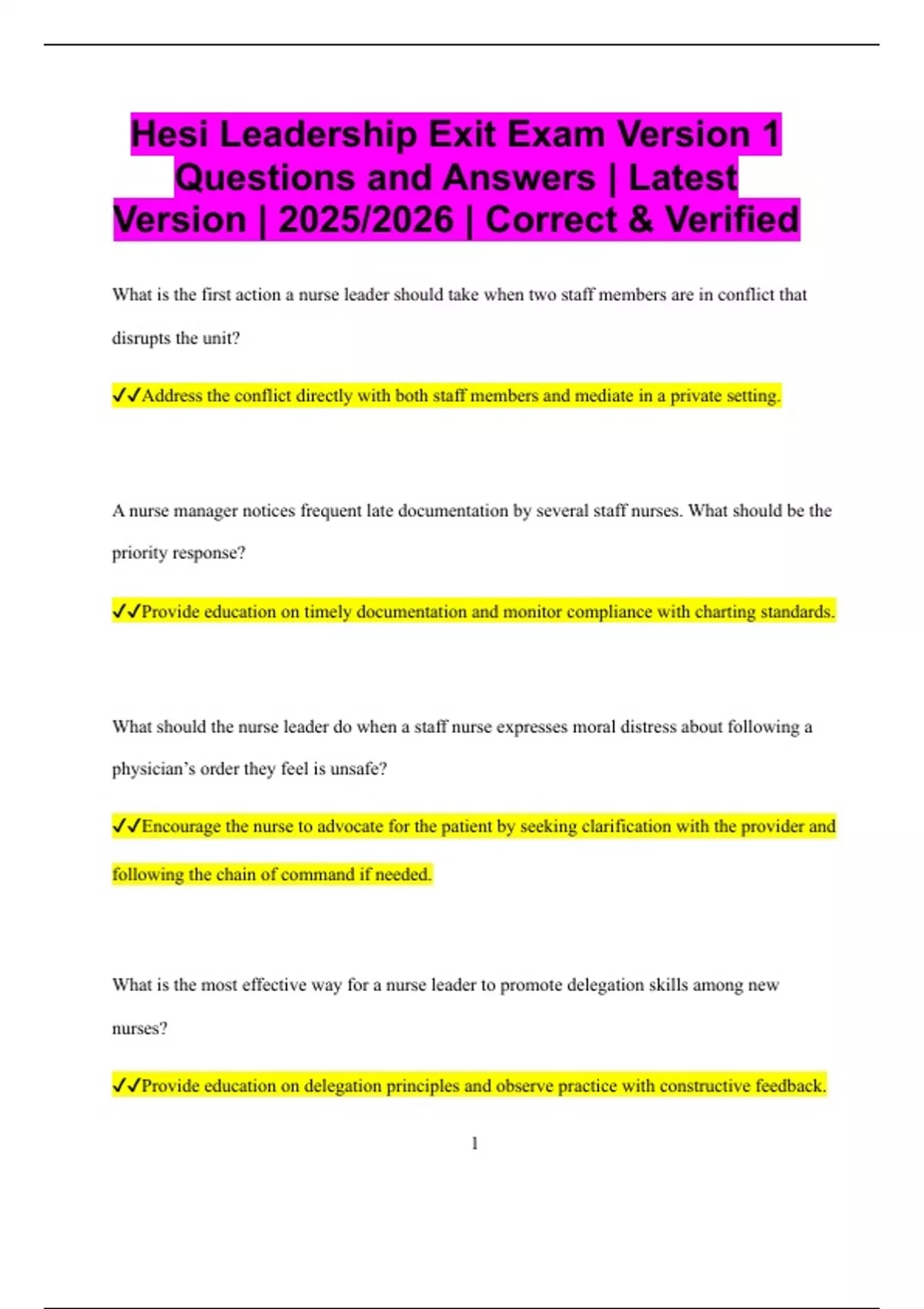 Hesi Leadership Exit Exam Version 1 Questions and Answers | Latest ...