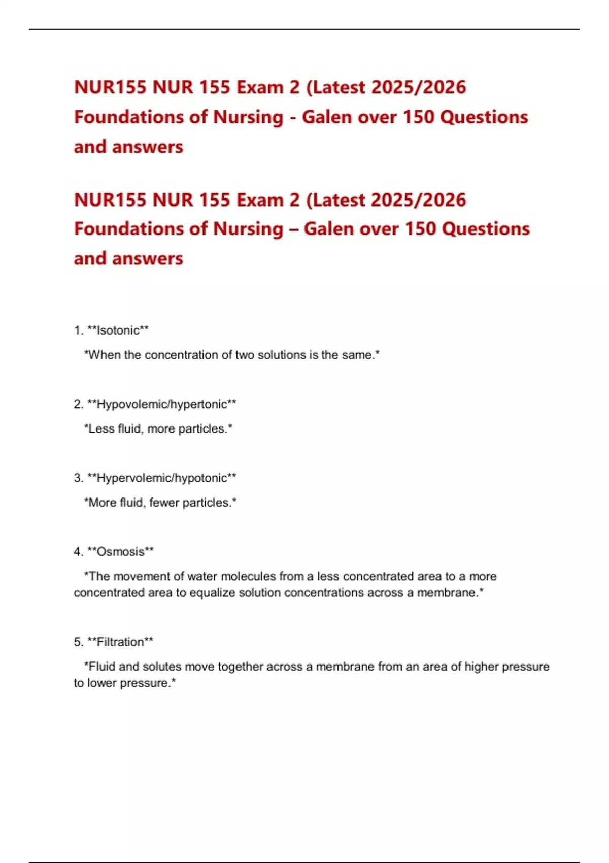NUR155 NUR 155 Exam 2 (Latest 2025/2026 Foundations of Nursing - Galen ...
