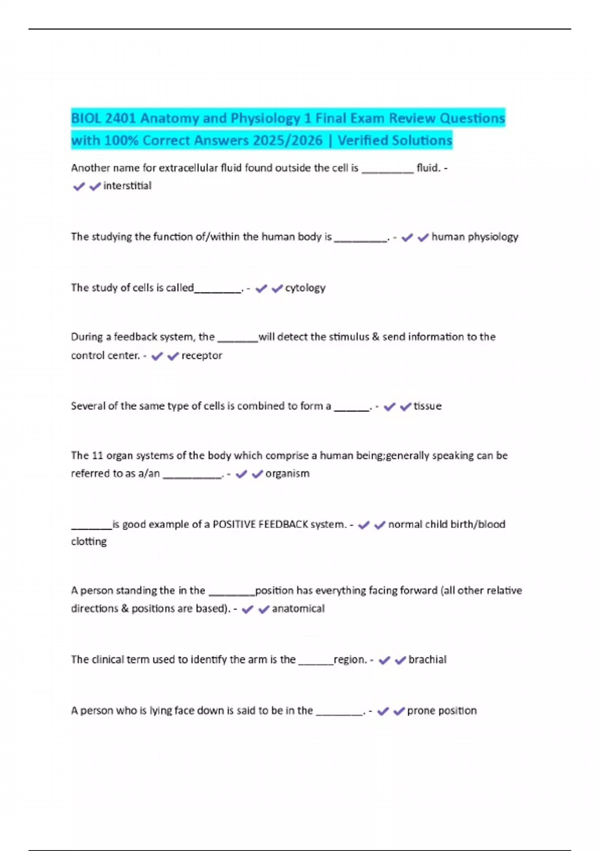 BIOL 2401 Anatomy and Physiology 1 Final Exam Review Questions with 100 ...
