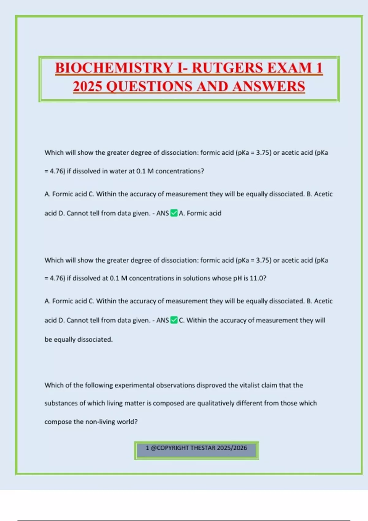 BIOCHEMISTRY I- RUTGERS EXAM 1 2025 QUESTIONS AND ANSWERS ...