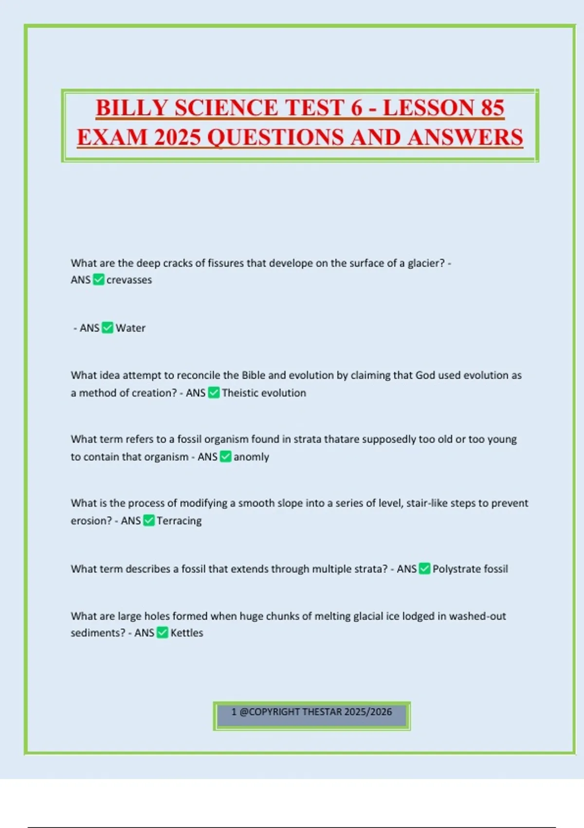 BILLY SCIENCE TEST 6 - LESSON 85 EXAM 2025 QUESTIONS AND ANSWERS ...