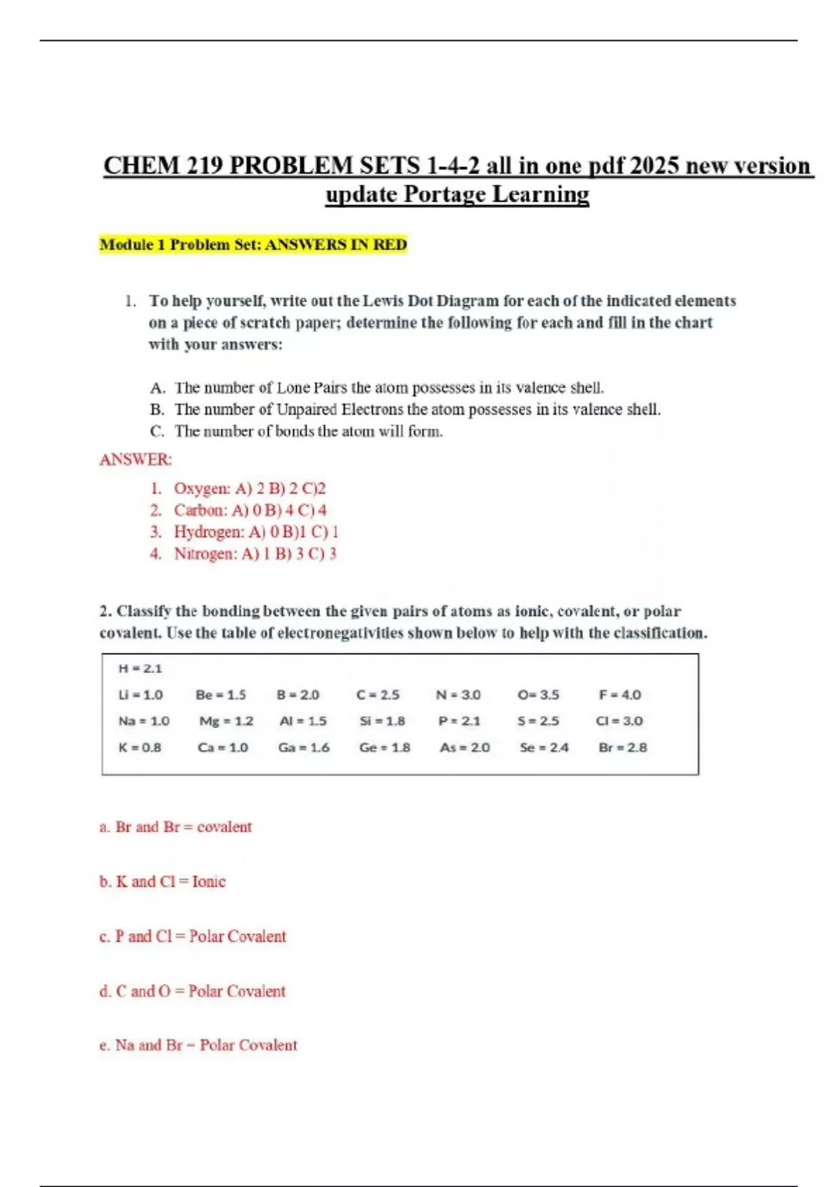 CHEM 219 PROBLEM SETS 1-4-2 all in one pdf 2025 new version update ...