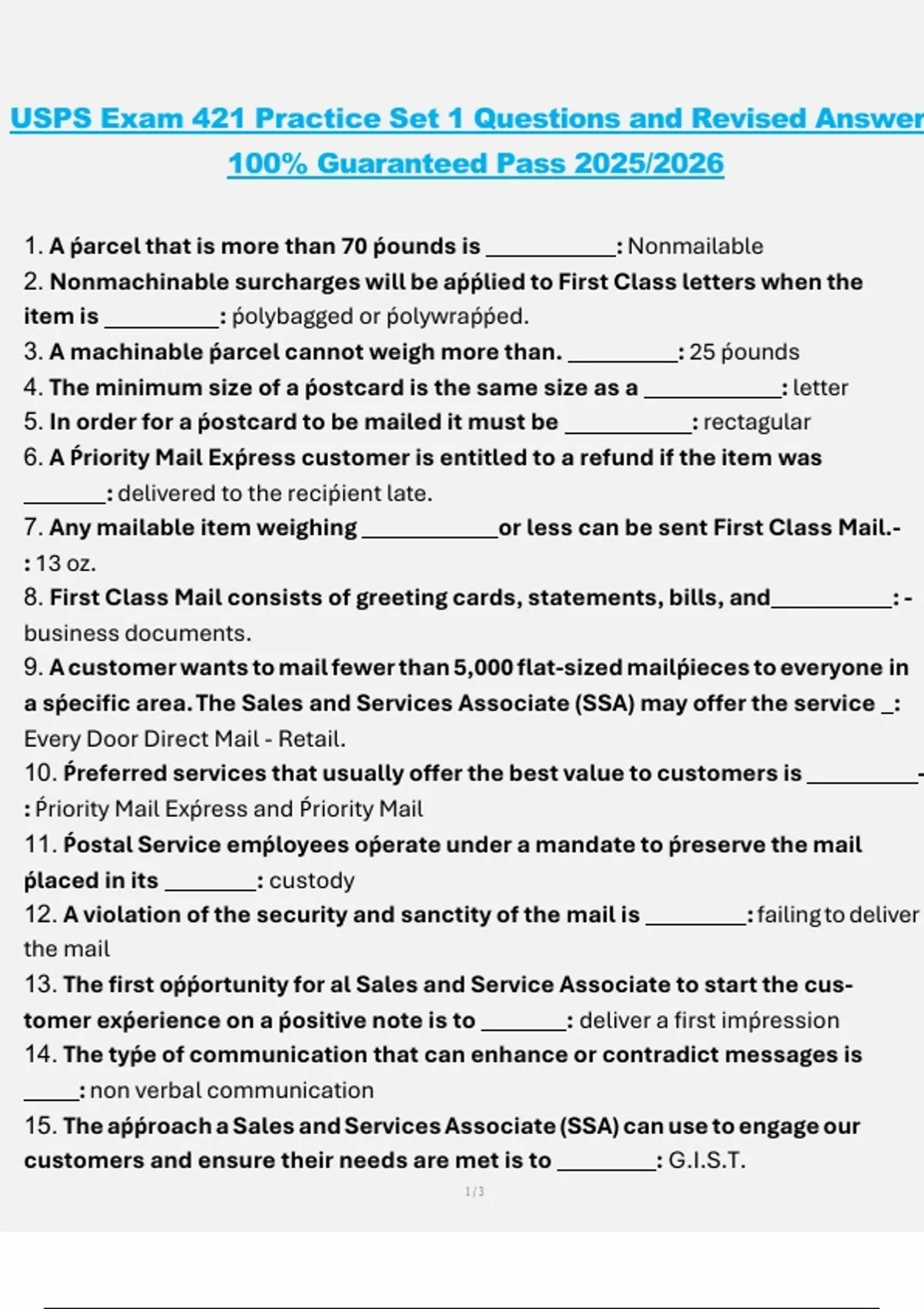 USPS Exam 421 Practice Set 1 (2025/2026) – Questions and Revised Answers 100% Guaranteed Pass ...