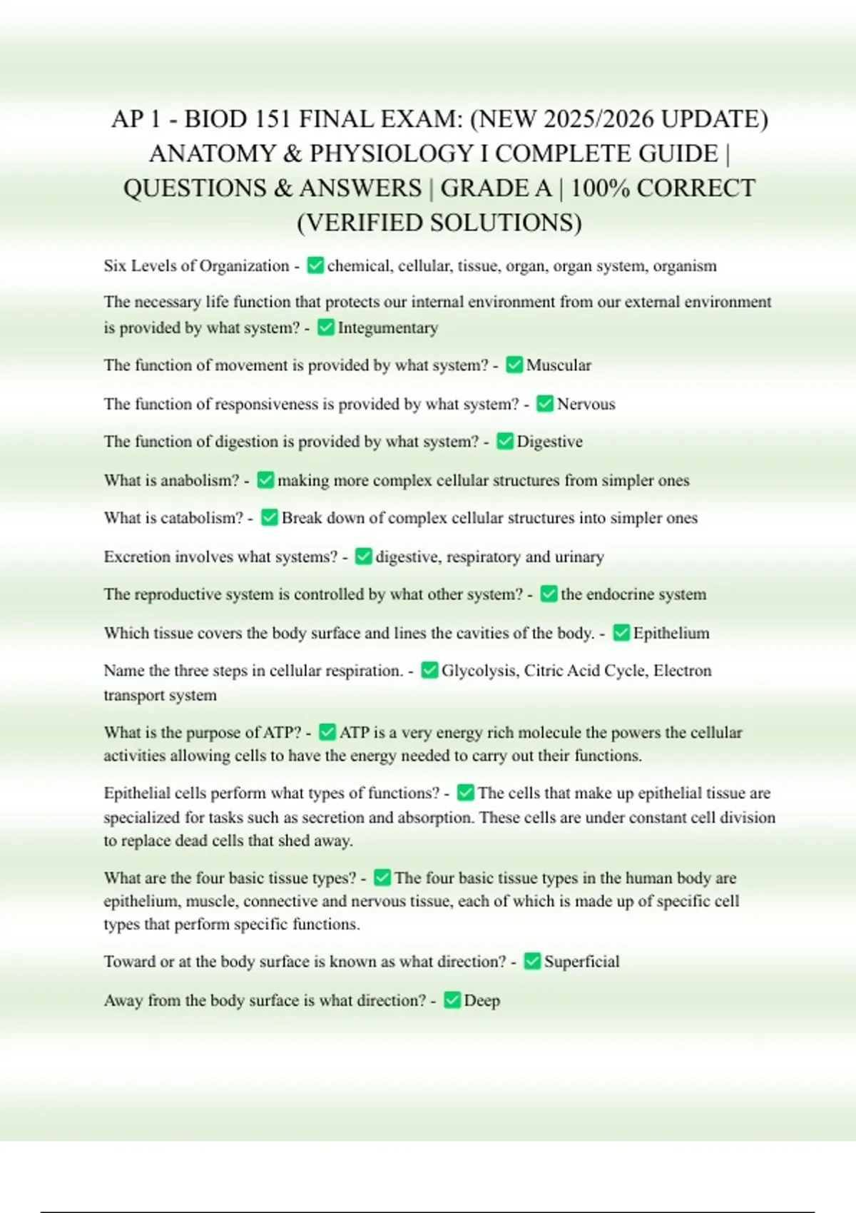 AP 1 - BIOD 151 FINAL EXAM: (NEW 2025/2026 UPDATE) ANATOMY & PHYSIOLOGY ...