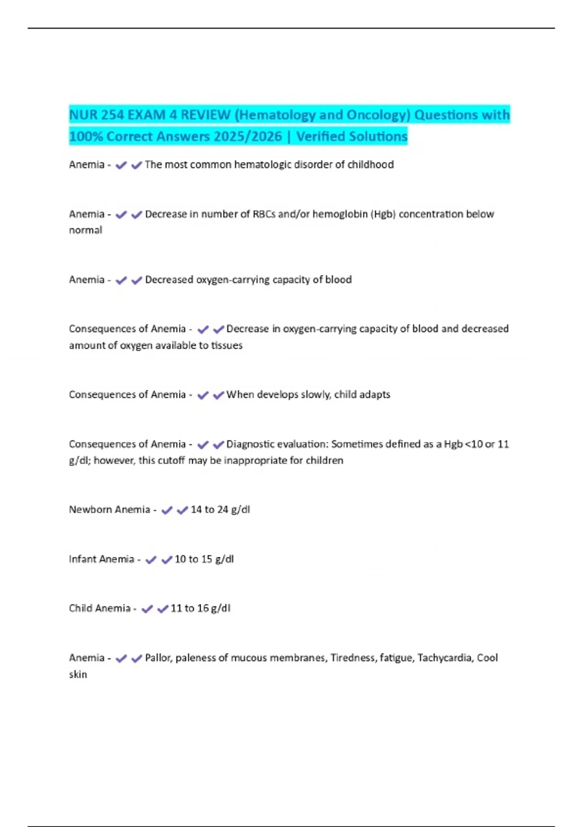 NUR 254 EXAM 4 REVIEW (Hematology and Oncology) Questions with 100% ...
