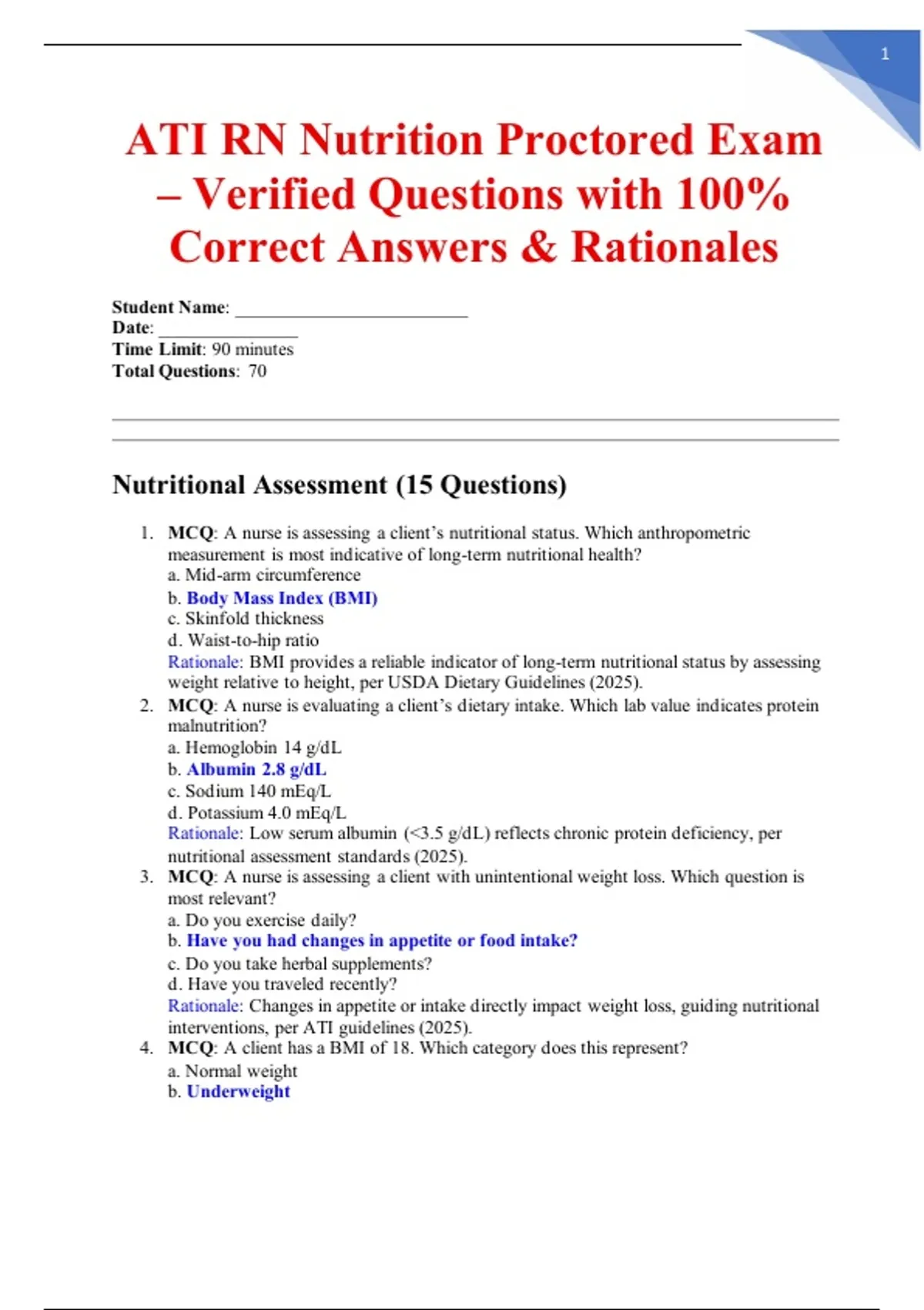 ATI RN Nutrition Proctored Exam – Verified Questions with 100% Correct ...