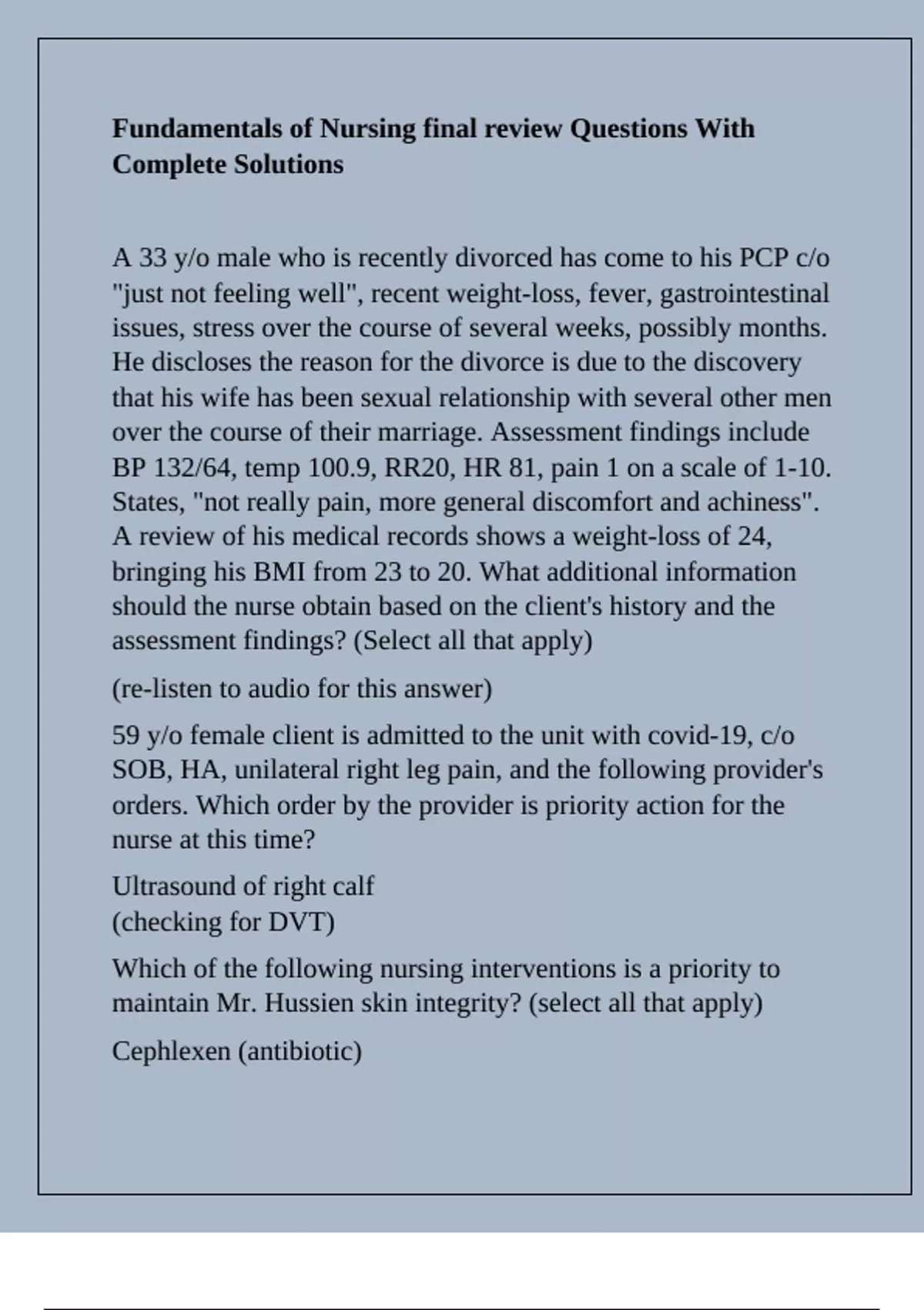 Fundamentals of Nursing final review Questions With Complete Solutions ...
