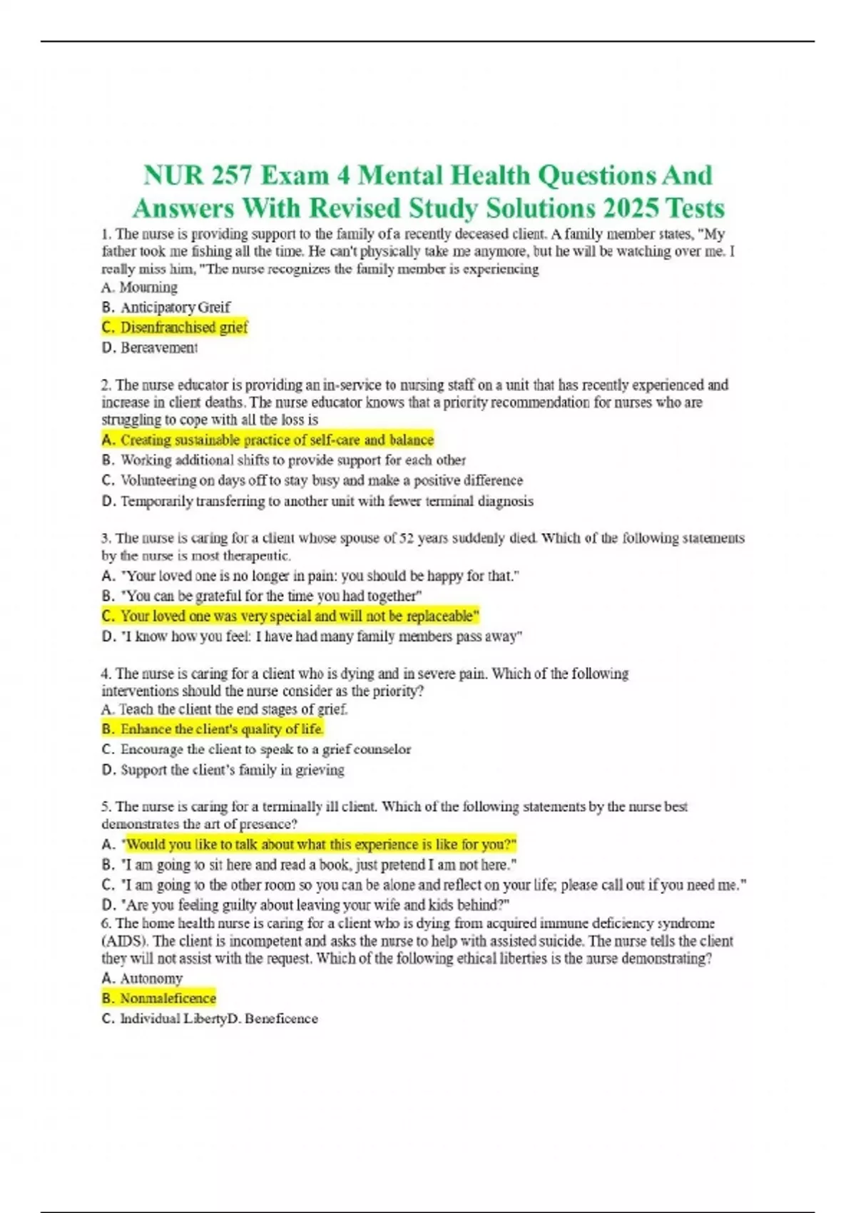 NUR 257 Exam 4 Mental Health Questions And Answers With Revised Study ...
