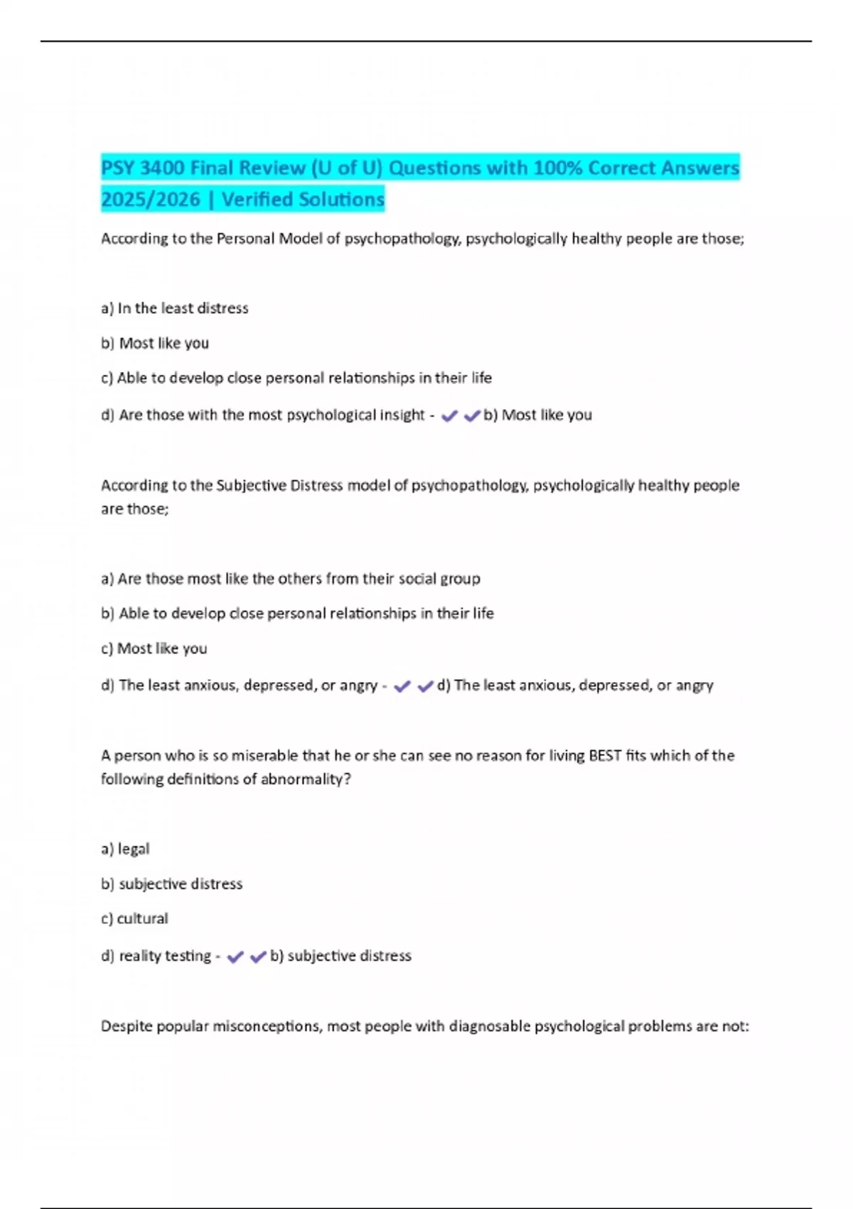 PSY 3400 Final Review (U of U) Questions with 100% Correct Answers 2025 ...