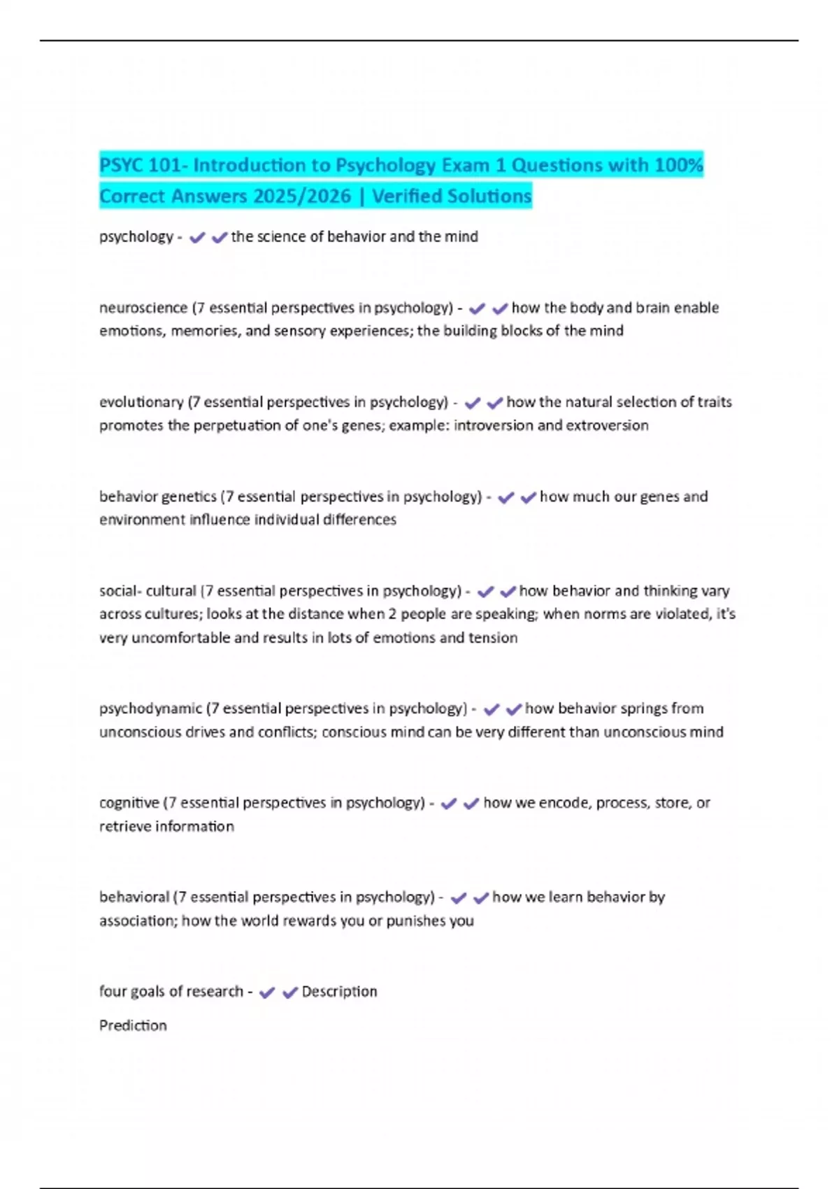 PSYC 101- Introduction to Psychology Exam 1 Questions with 100% Correct ...