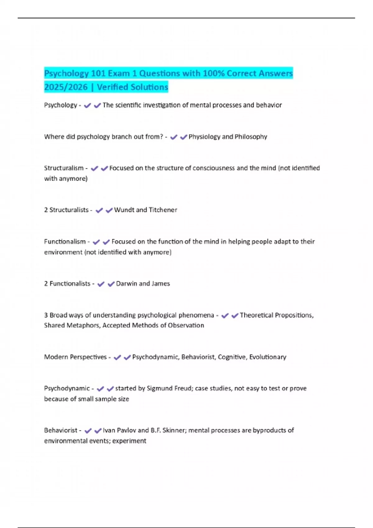 Psychology 101 Exam 1 Questions with 100% Correct Answers 2025/2026 ...